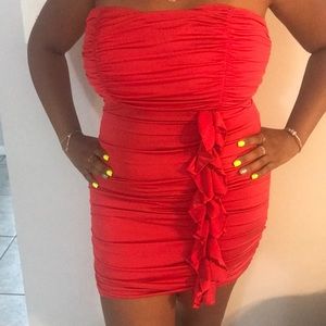Red dress, body forming, with ruffles